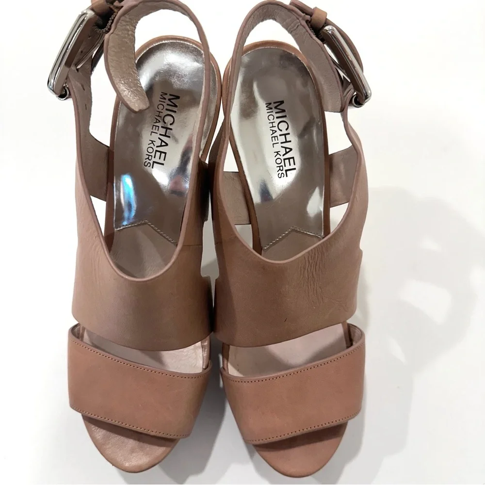 Michael Kors Tan Leather Platform Wooden Women's Heels Sandals 9.5 - Picture 5 of 9